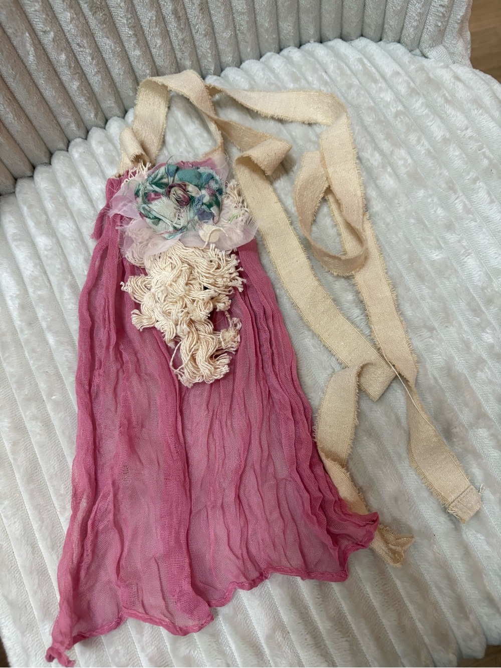 Handcrafted Pink Fabric Jabot Neck Adornment Necklace with Cream Accents